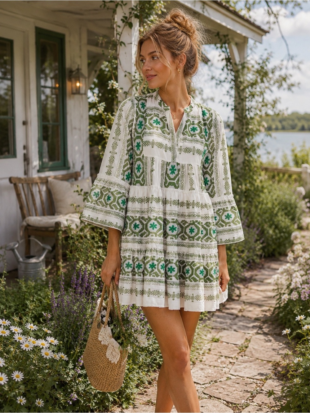 Elan Tiered White and Green Embroidered Mini Dress - Picture 1 of 11